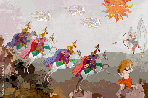 Battle scene. Fairy tales and legends of the Middle East. Medieval miniature. Ottoman Empire. Mughal art. Persian frescoes. Ancient civilization murals