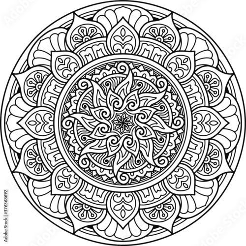 mandala design coloring page and t-shirt print yoga concept.