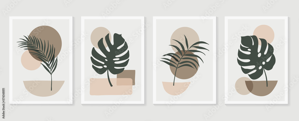 Botanical wall art vector set. Tropical Foliage line art drawing with abstract shape. Abstract Plant Art design for print, cover, wallpaper, Minimal and natural wall art. Vector illustration. Botanical wall art vector set. Tropical Foliage line art drawing with abstract shape. Abstract Plant Art design for print, cover, wallpaper, Minimal and natural wall art. Vector illustration.