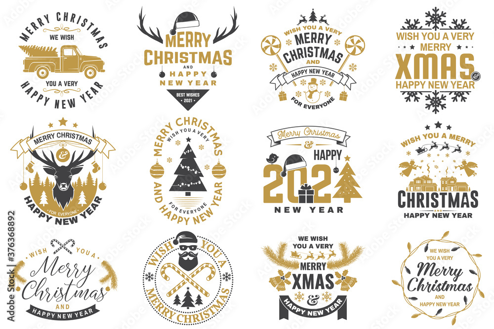 Fototapeta premium Set of Merry Christmas and Happy New Year stamp, sticker set with snowflakes, hanging christmas ball, santa hat, candy.