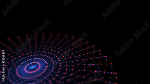 Abstract digital background of circle with connection red dots and blue lines. Concept network connection and big data. Centric composition.
