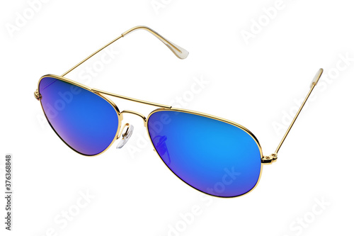 Papier peint Blue aviator sunglasses with golden frame isolated on white background