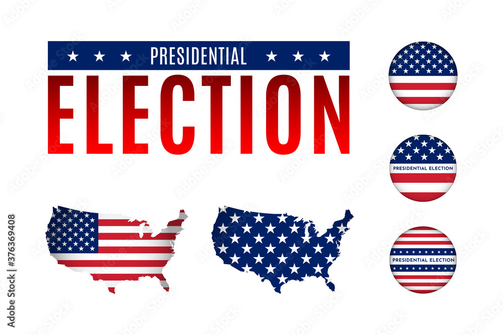 Vector illustration set about Presidental election in USA. Round badges with The Stars and Stripes flag. American national flags with shape of USA maps. Concept of article title for design of media Vector illustration set about Presidental election in USA. Round badges with The Stars and Stripes flag. American national flags with shape of USA maps. Concept of article title for design of media