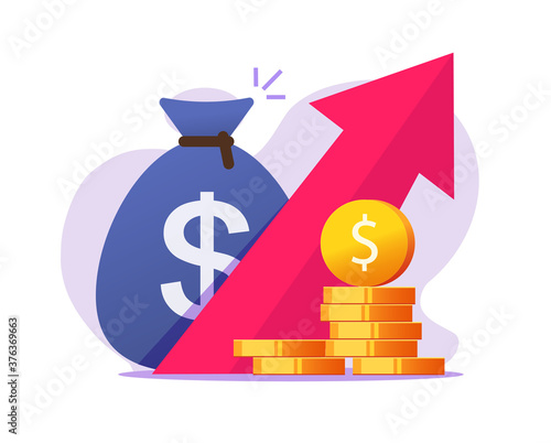 Money profit growth up, cash benefit, economic inflation dollar value increase vector icon, financial earning revenue interest symbol, economy investment arrow up flat cartoon, concept of budget boost