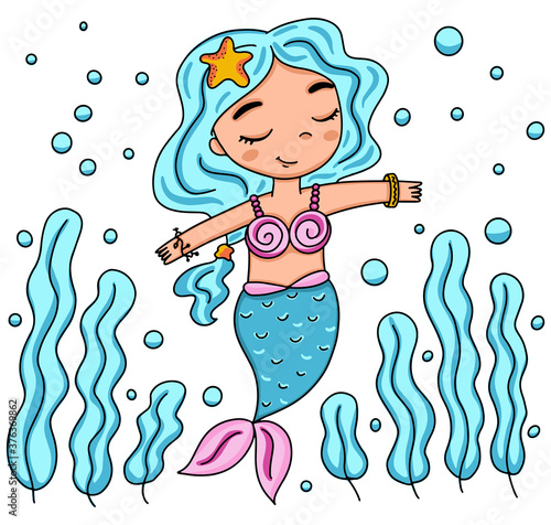 Vector illustration mermaid on the seabed swims among the seaweed. Colored marine life cartoon character.