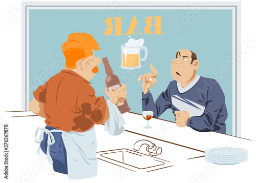 Customer at bar orders drink from bartender. Web page design picture concept.