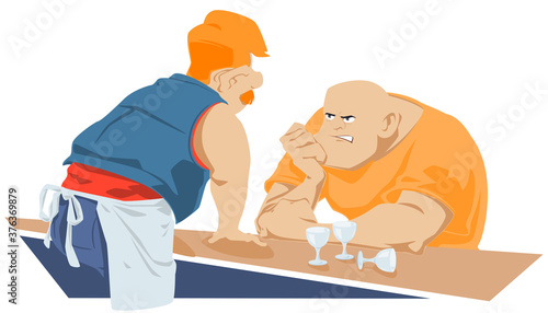 Bartender talks with evil customer. Web page design picture concept.
