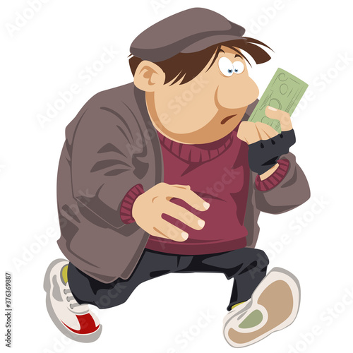 Surprised beggar with bill in his hands.