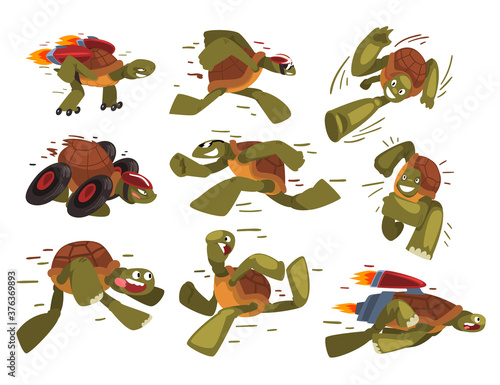 Fast Turtles Collection, Funny Tortoise Animals Cartoon Characters Running, Speed Leaders Vector Illustration on White Background