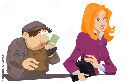 Surprised beggar with bill in his hands. Girl helped poor man.