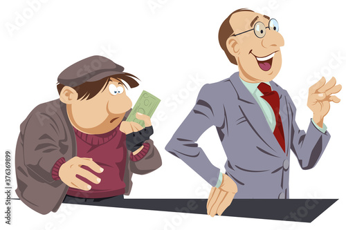 Surprised beggar with bill in his hands. Businessman helped poor male.