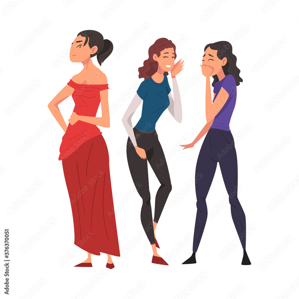 Two Girl Friends Gossiping and Giggling Behind Beautiful Woman in Red Dress Cartoon Vector Illustration on White Background