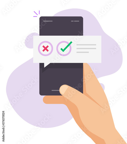 Poll vote digital quiz message notification chat bubble on mobile phone online vector, questionnaire survey notice, right and wrong, yes no checkboxes on smartphone flat, decision on cellphone in hand