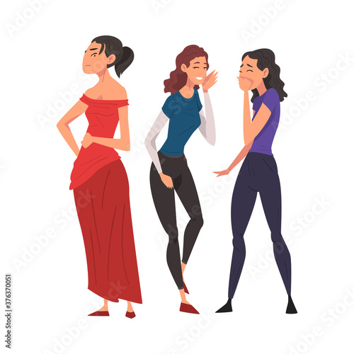 Two Girl Friends Gossiping and Giggling Behind Beautiful Woman in Red Dress Cartoon Vector Illustration on White Background