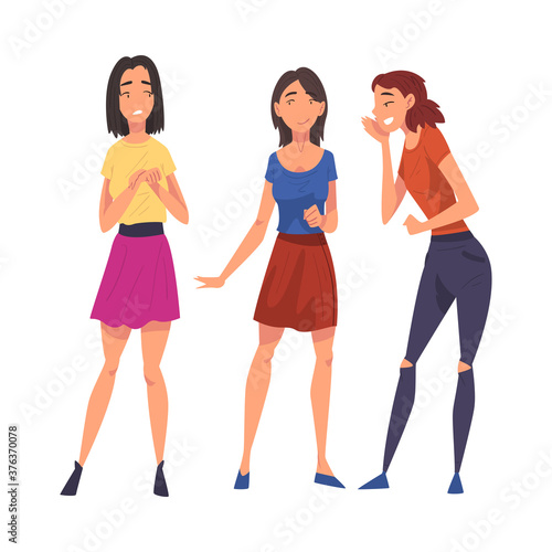 Two Girl Friends Gossiping and Giggling Behind Upset Stressed Girl Cartoon Vector Illustration on White Background