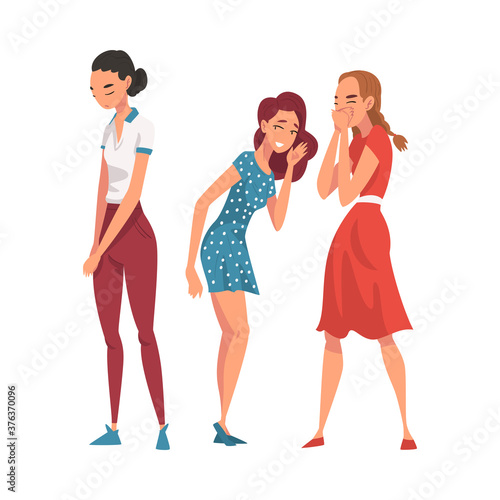 Two Female Friends Cynically Gossiping and Giggling Behind Stressed Girl Cartoon Vector Illustration on White Background