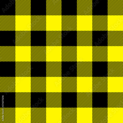 Tartan Cadmium Yellow plaid. Scottish pattern in black and blue cage. Scottish cage. Traditional Scottish checkered background. Seamless fabric texture. Vector illustration