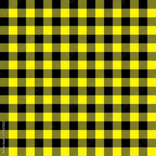 Tartan Cadmium Yellow plaid. Scottish pattern in black and blue cage. Scottish cage. Traditional Scottish checkered background. Seamless fabric texture. Vector illustration