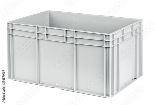 Grey plastic storage boxes on white background.