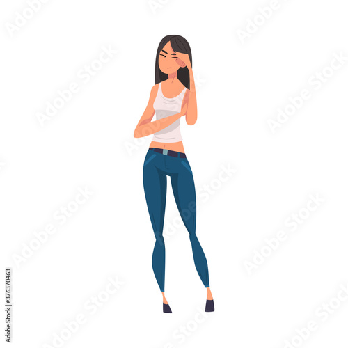 Sad Stressed Brunette Girl in Blue Jeans and White Tank Top Cartoon Vector Illustration on White Background