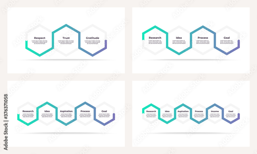 Business process. Timeline infographics with 3, 4, 5, 6 steps, options, hexagons. Vector template.