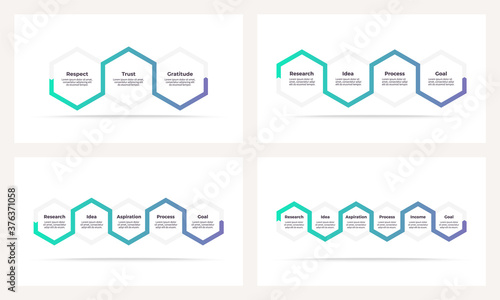 Business process. Timeline infographics with 3, 4, 5, 6 steps, options, hexagons. Vector template.