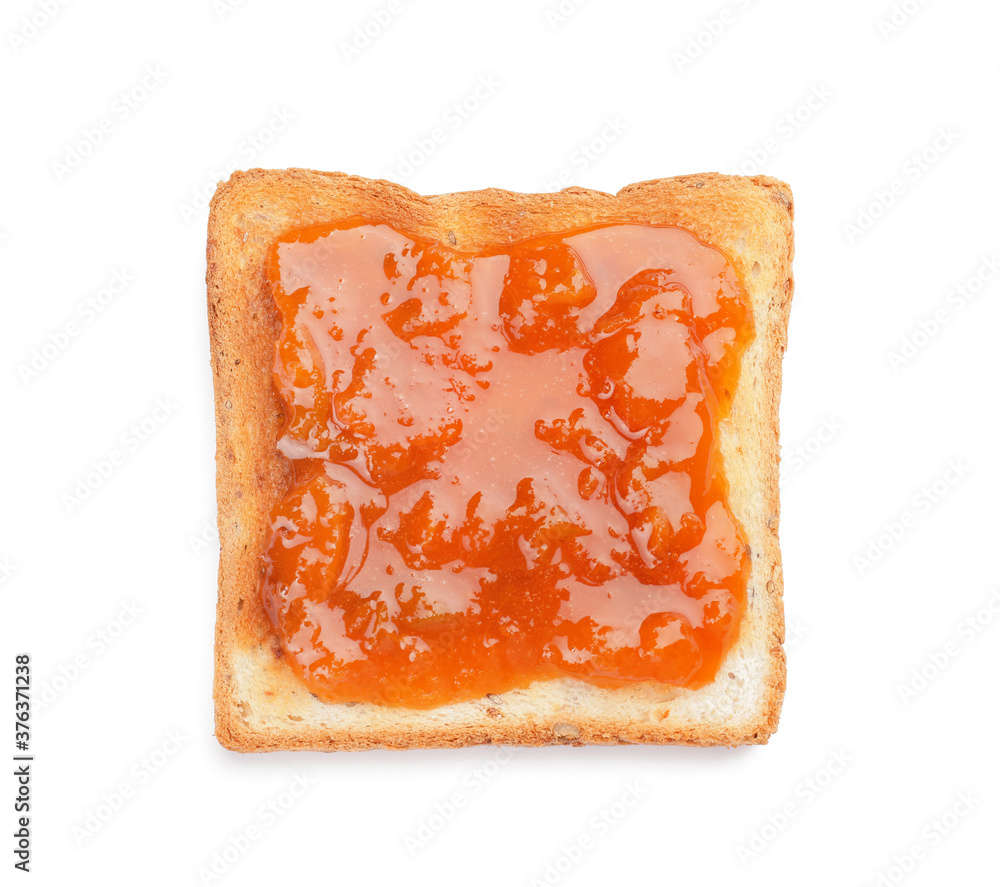 Toast with tasty apricot jam on white background Toast with tasty apricot jam on white background