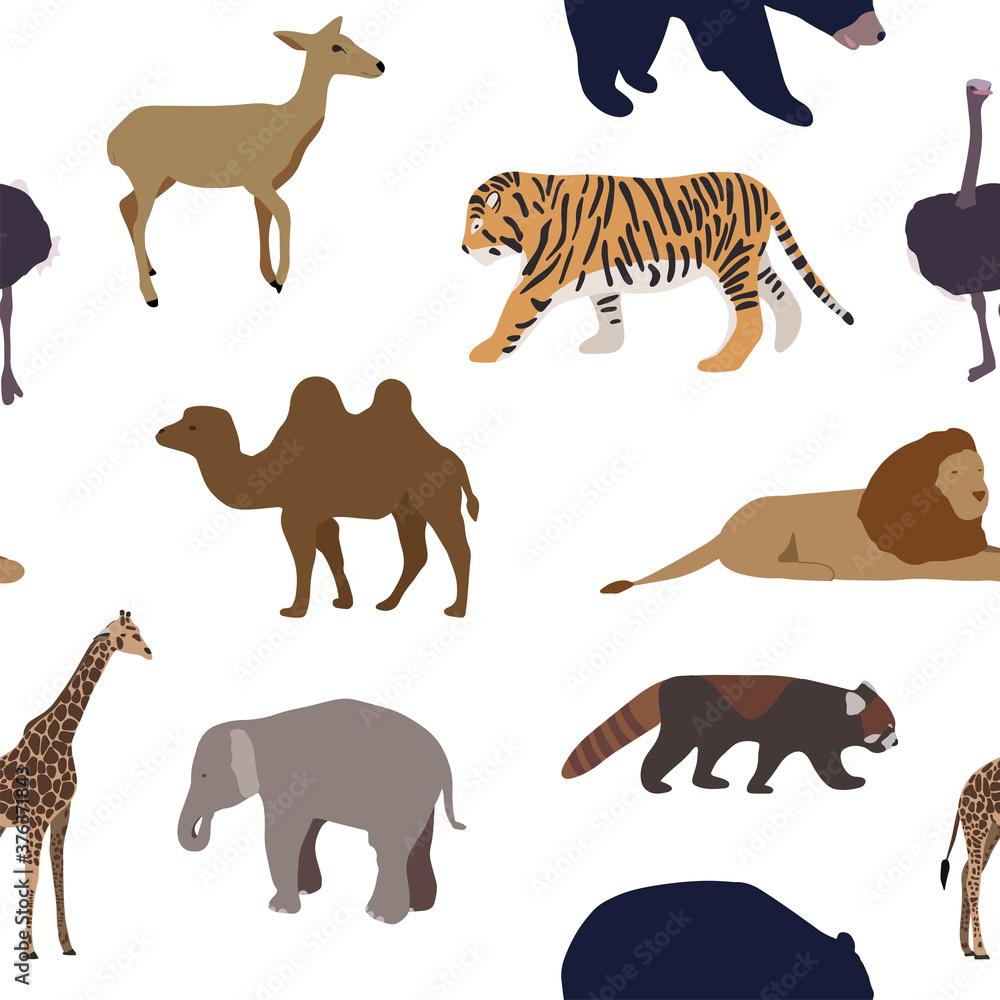 Fototapeta premium Seamless pattern with wild animals. Deer, tiger, lion, camel, ostrich, bear, elephant, giraffe, red panda. Hand drawn. Illustration for printing on fabric,clothing, stationery, bedding, wrapping paper