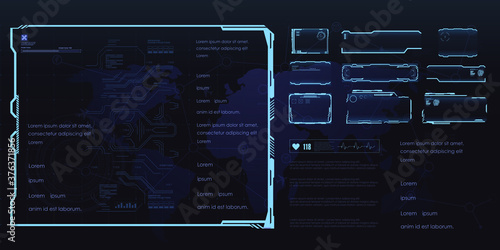 Set of futuristic frames for HUD user interface. Set of game frames or screens with text callouts. Futuristic HUD panels. Holographic windows or panels for interface. Vector frames