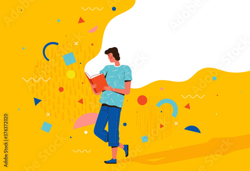 Man is standing and reading a book. Concept of love for reading, education, recreation and distance learning