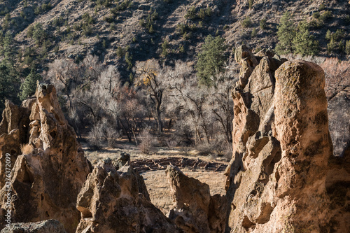 Elevated View of Ruins of the Tyuonyi Pueblo, Bandalier National Monument, New Mexico,USA photo