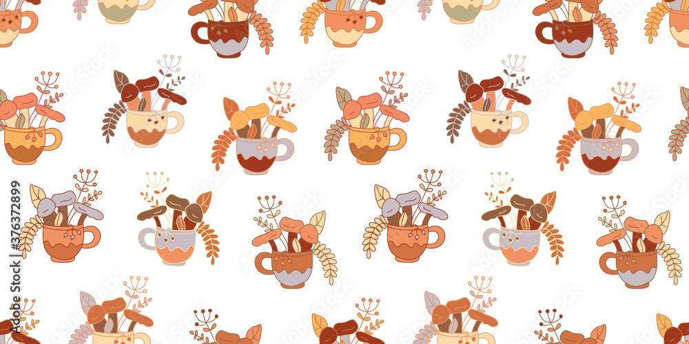 Vector seamless pattern with mushroom, leaves and herbs in cute mugs on white. Hand drawn vector illustration in flat style with lines. Neutral, honey colors. Great for fabrics, wrapping papers. Vector seamless pattern with mushroom, leaves and herbs in cute mugs on white. Hand drawn vector illustration in flat style with lines. Neutral, honey colors. Great for fabrics, wrapping papers.