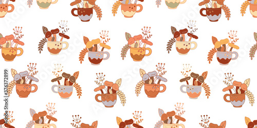 Fototapeta Naklejka Na Ścianę i Meble -  Vector seamless pattern with mushroom, leaves and herbs in cute mugs on white. Hand drawn vector illustration in flat style with lines. Neutral, honey  colors. Great for fabrics, wrapping papers.