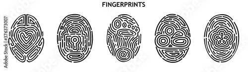 Fingerprints with patterns. Heart, lock, footprint, cloud and flower.