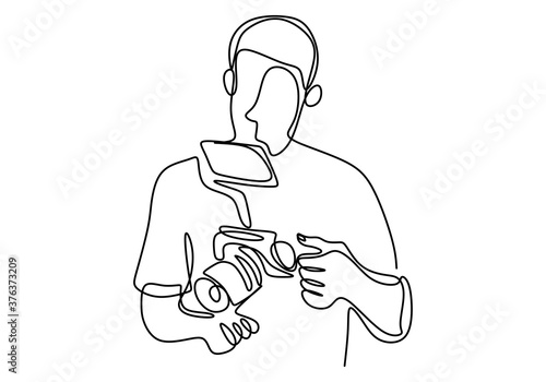 Continuous single drawn one line of senior cameraman. Professional a videographer is preparing and checking the camera before shooting isolated vector object by hand on white background