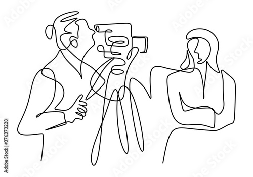 Continuous one line drawing of a professional woman news anchor gives a news, live training on-line, commercial ad concept isolated on white background. Character girl in newscaster minimalist style