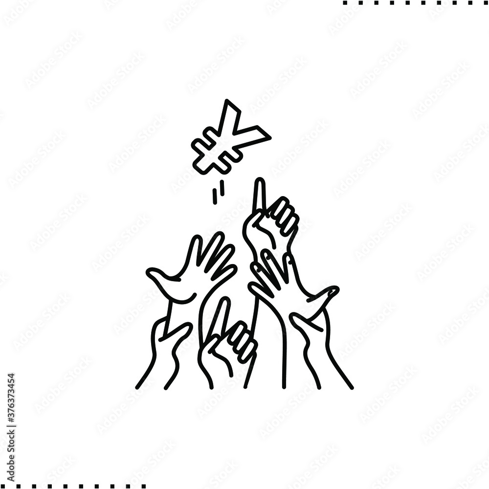 Exchange Rates, Japanese yen and reaching hands vector icon in outline Exchange Rates, Japanese yen and reaching hands vector icon in outline