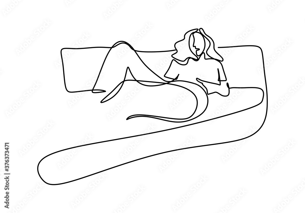 Continuous one art line drawing sketch of sleeping woman. Hand drawn design  of female having a sleep in coach after daily activity isolated on white  background. Girl laying in sofa illustration Stock