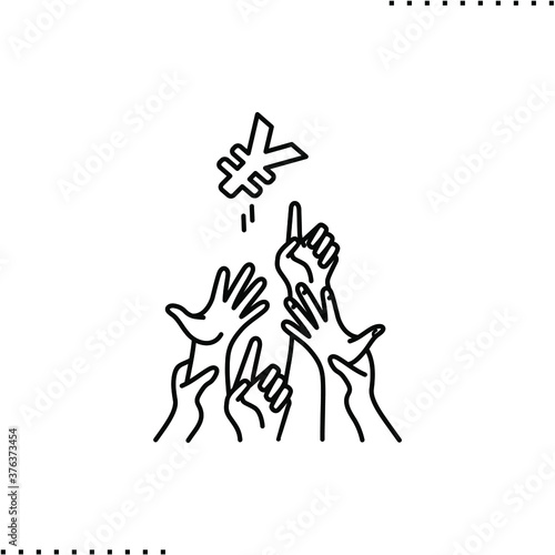 Exchange Rates, Japanese yen and reaching hands vector icon in outline