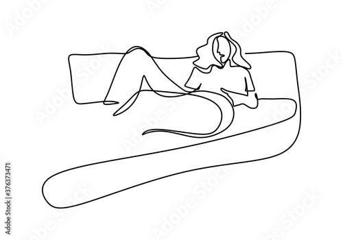 Continuous one art line drawing sketch of sleeping woman. Hand drawn design of female having a sleep in coach after daily activity isolated on white background. Girl laying in sofa illustration