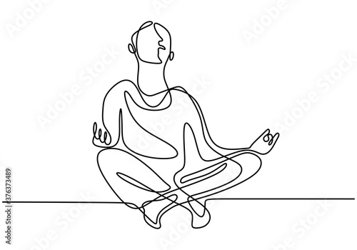 Continuous one line drawing of man doing exercise in yoga pose. Healthy young male sitting crossing leg with yoga lotus pose. Meditation concept minimalism theme. Vector design illustration