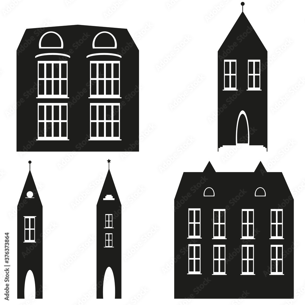 Set of black house building and tower outline on white background. White contour vector illustration. Vector icon.