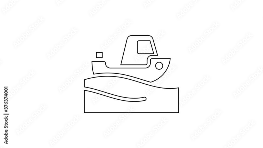 Black line Fishing boat on water icon isolated on white background. 4K Video motion graphic animation. Black line Fishing boat on water icon isolated on white background. 4K Video motion graphic animation.