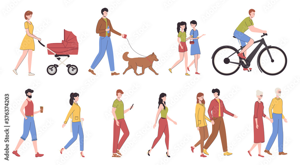 Cartoon Color Characters People Walking Set Concept. Vector