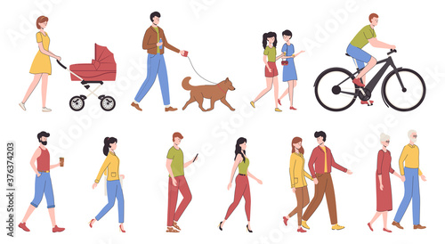 Cartoon Color Characters People Walking Set Concept. Vector