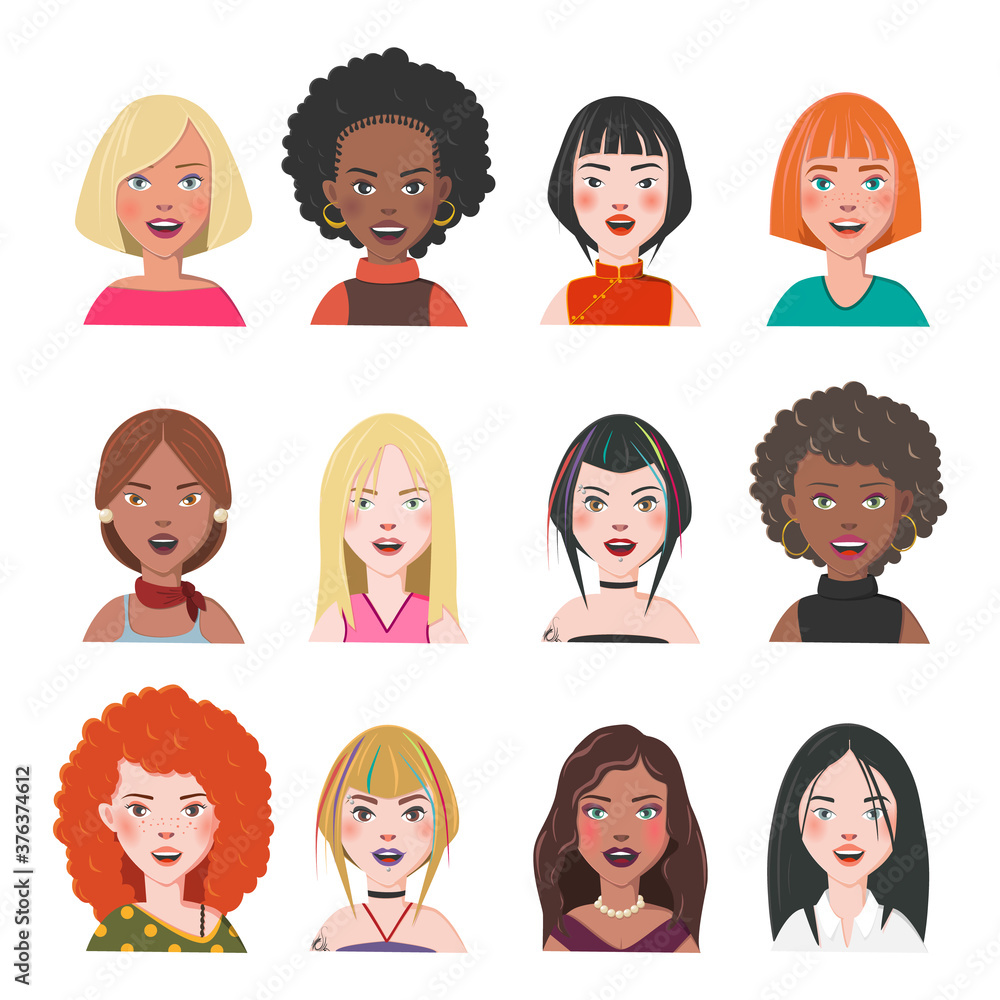 Set of Woman Avatars. Twelve Characters from Different Subcultures and Social Strata. Laughing Beautiful Women. Diversity of Cultures. Vector Illustration. Set of Woman Avatars. Twelve Characters from Different Subcultures and Social Strata. Laughing Beautiful Women. Diversity of Cultures. Vector Illustration.