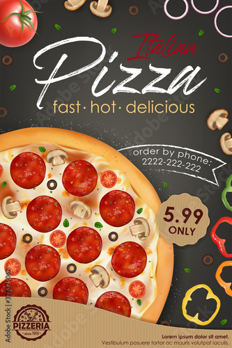 Realistic Detailed 3d Pizza Ads Banner Concept Poster Card. Vector