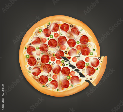 Realistic Detailed 3d Top View of Delicious Pizza. Vector