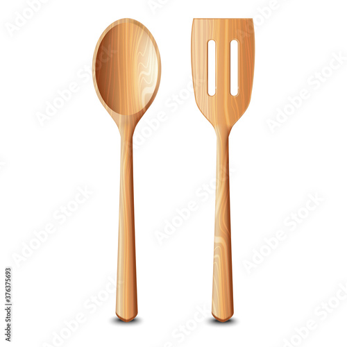 Realistic Detailed 3d Wooden Kitchen Utensils Set. Vector