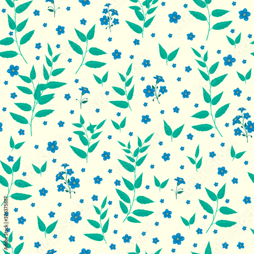 Seamless pattern of flowers and leaves on a light background. Fashionable, summer, design for printing clothes or Wallpaper.